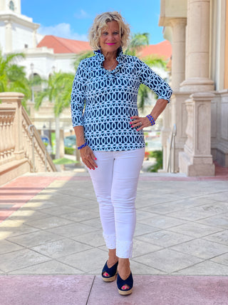 MELINA BLUE 3/25 RUFFLE TOP