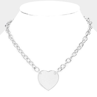 WHITE GOLD DIPPED BRASS METAL HEART NECKLACE