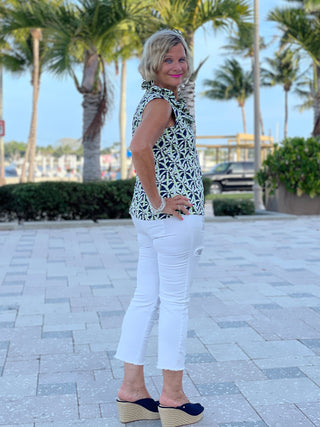 GREEN NAVY PALM SLEEVELESS RUFFLE TOP