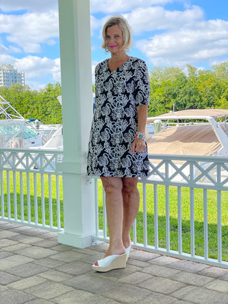 NAUTICAL LANE ELBOW SLEEVE DRESS - Cathys Place