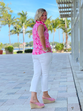 PINK LANE SLEEVELESS RUFFLE TOP