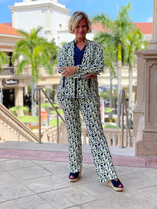 GREEN AND NAVY PALM PALAZZO PANT - Cathys Place