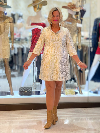 LULU-B WHITE LEME GOLD RUFFLE DRESS