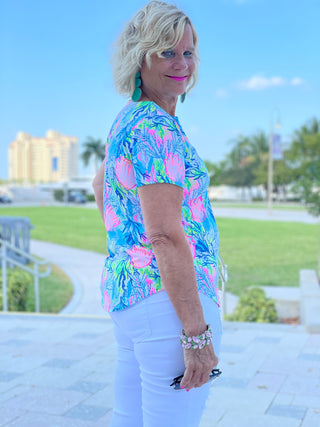 SEASHELL PINK AND BLUE SHORT SLEEVE