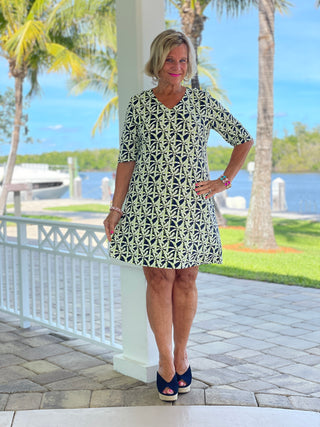 GREEN NAVY PALM ELBOW SLEEVE DRESS