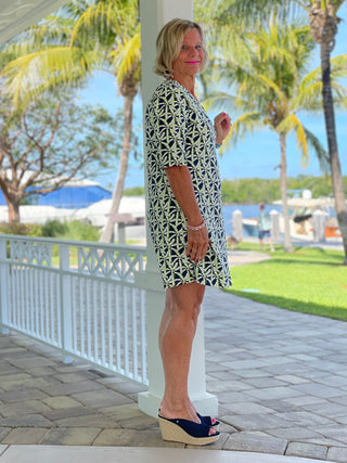 GREEN NAVY PALM ELBOW SLEEVE DRESS - Cathys Place