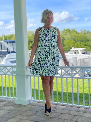 GREEN NAVY PALM SHIFT DRESS