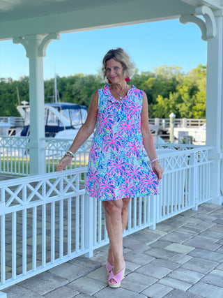 PINK PALM TREE BEACH RUFFLE DRESS