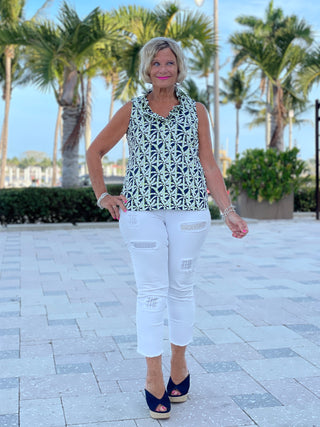 GREEN NAVY PALM SLEEVELESS RUFFLE TOP