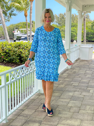 BAHAMA BLUE TURTLE RUFFLE SLEEVE DRESS