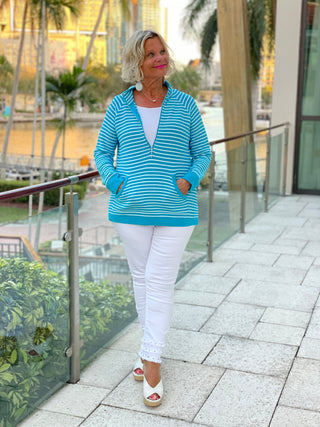 AQUA STRIPE ZIPPER SWEATER