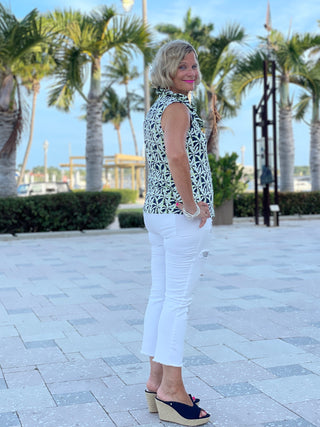 GREEN NAVY PALM SLEEVELESS RUFFLE TOP