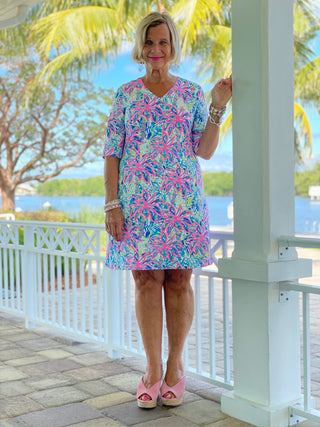 PINK PALM TREE ELBOW SLEEVE DRESS