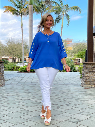 BLUE WAFFLE 3 BUTTON TOP - Cathys Place
