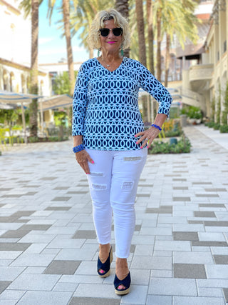 MELINA BLUE V NECK TOP