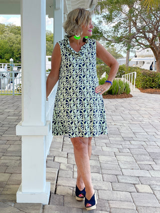 GREEN AND NAVY SLEEVELESS RUFFLE DRESS