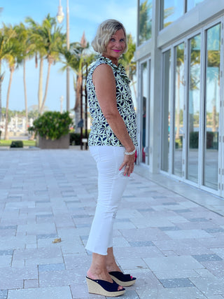 GREEN NAVY PALM SLEEVELESS RUFFLE TOP