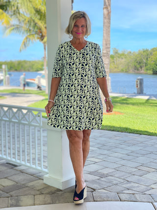 GREEN NAVY PALM ELBOW SLEEVE DRESS