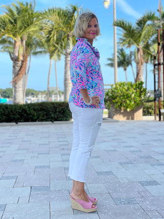 PINK PALM TREE 3/25 RUFFLE TOP