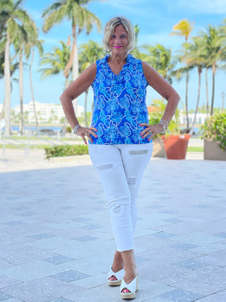 AQUA LANE SLEEVELESS RUFFLE TOP