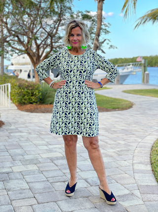 GREEN AND NAVY PALM SLEEVE DRESS