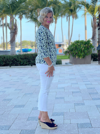 GREEN AND NAVY V-NECK TOP - Cathys Place
