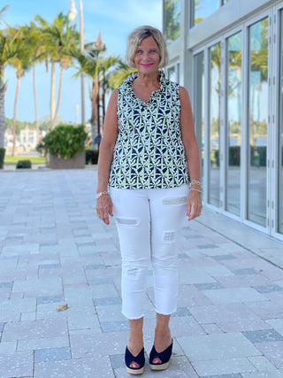 GREEN NAVY PALM SLEEVELESS RUFFLE TOP