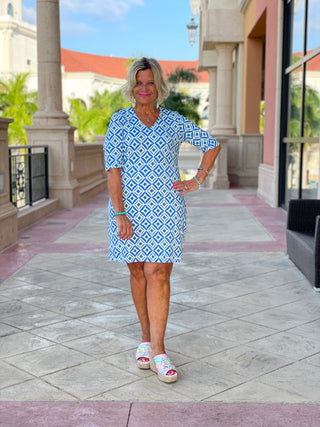 AQUA DIAMONDS ELBOW SLEEVE DRESS