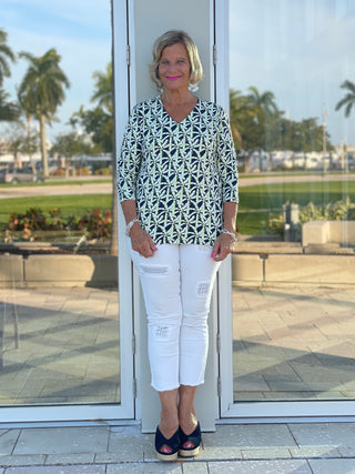 GREEN AND NAVY V-NECK TOP