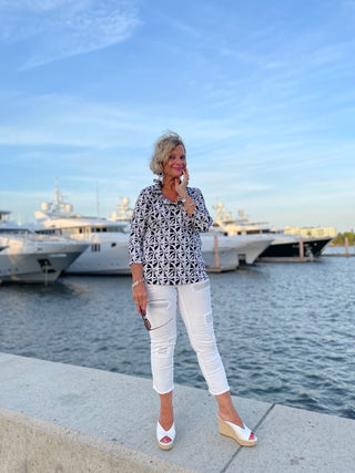 BLACK AND BEIGE 3/25 RUFFLE TOP - Cathys Place