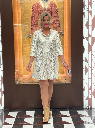 LULU-B WHITE LEME GOLD RUFFLE DRESS