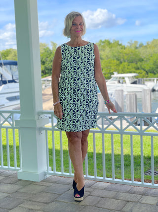 GREEN NAVY PALM SHIFT DRESS