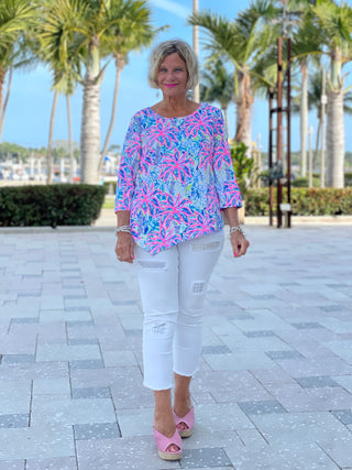 PINK PALM TREE ASYMMETRIC TOP