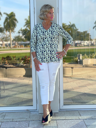 GREEN AND NAVY V-NECK TOP - Cathys Place