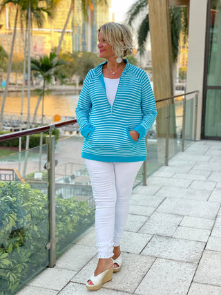 AQUA STRIPE ZIPPER SWEATER