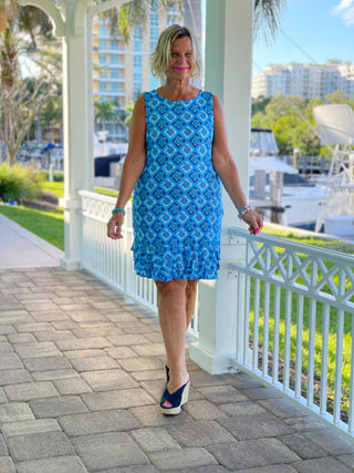 BAHAMA BLUE SHIFT RUFFLE DRESS