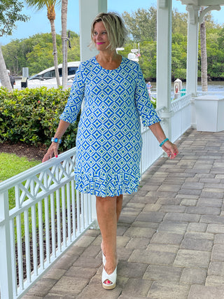 AQUA DIAMOND RUFFLE SLEEVE DRESS