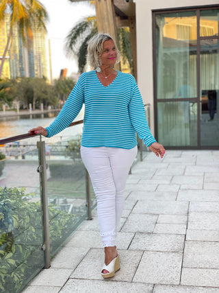 AQUA STRIPE V NECK SWEATER