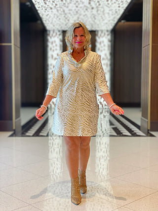 LULU-B WHITE LEME GOLD RUFFLE DRESS
