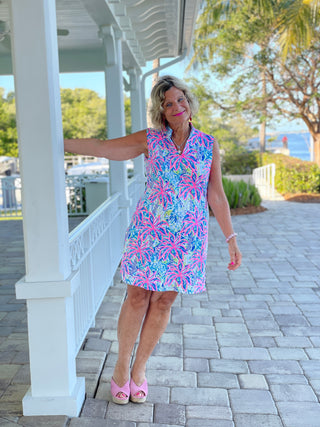 PINK PALM TREE BEACH COLLAR DRESS