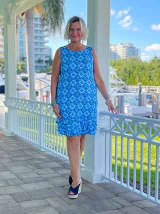 BAHAMA BLUE SHIFT RUFFLE DRESS