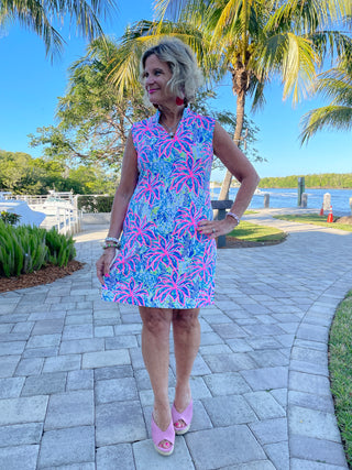 PINK PALM TREE BEACH COLLAR DRESS