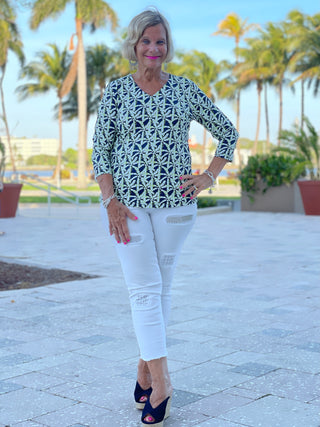 GREEN AND NAVY V-NECK TOP