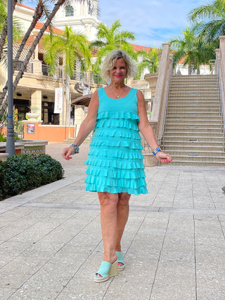 SEAFOAM LAYERED RUFFLE DRESS