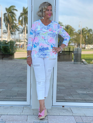 POST CARDS OF LOVE V-NECK TOP - Cathys Place