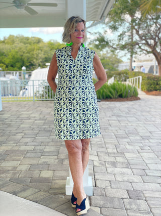 GREEN AND NAVY PALM COLLAR DRESS
