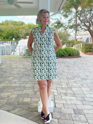 GREEN AND NAVY PALM COLLAR DRESS - Cathys Place