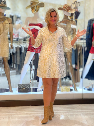 LULU-B WHITE LEME GOLD RUFFLE DRESS