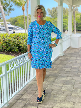 BAHAMA BLUE TURTLE RUFFLE SLEEVE DRESS