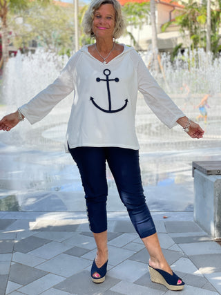 CHENILLE WHITE ANCHOR HOODED SWEATER